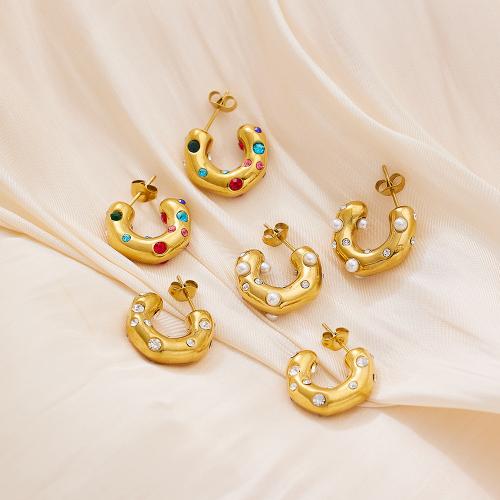 Titanium Steel  Earring with Plastic Pearl 18K gold plated fashion jewelry & for woman & with rhinestone golden Sold By PC