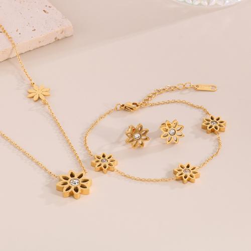 Rhinestone Stainless Steel Jewelry Set 304 Stainless Steel Daisy & for woman & with rhinestone Sold By PC