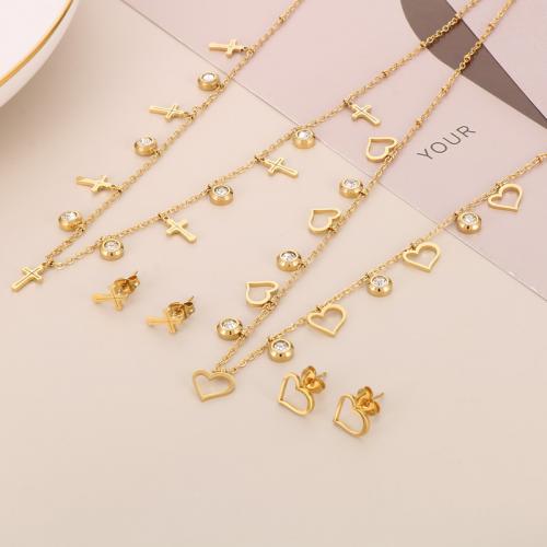 Cubic Zirconia Stainless Steel Jewelry Sets Stud Earring & necklace 304 Stainless Steel 2 pieces & micro pave cubic zirconia & for woman golden Length Approx 46 cm Sold By Set