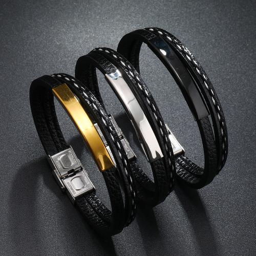 Bracelets cordon PU, cuir PU, avec Acier inoxydable 304, poli, Double couche & bijoux de mode & pour homme, plus de couleurs à choisir, wide:1.2cm, Longueur:Environ 21 cm, Vendu par PC