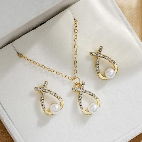 Zinc Alloy Jewelry Sets Stud Earring & necklace with Crystal & Plastic Pearl fashion jewelry & for woman & hollow golden nickel lead & cadmium free Sold By Set