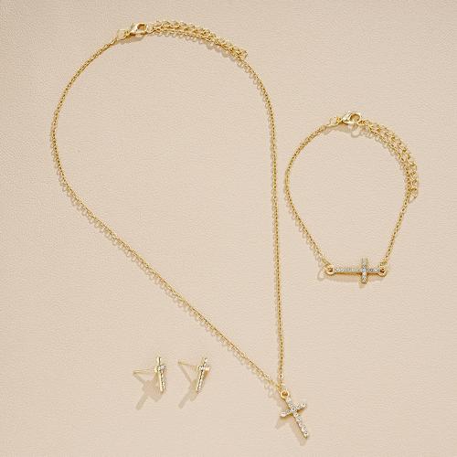 Zinc Alloy Jewelry Sets Stud Earring & bracelet & necklace with Crystal Cross three pieces & fashion jewelry & for woman golden nickel lead & cadmium free Sold By Set