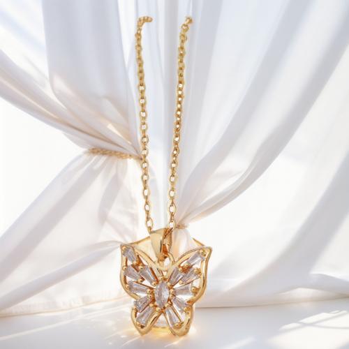 Cubic Zircon Micro Pave Brass Necklace with 5CM extender chain Butterfly real gold plated micro pave cubic zirconia & for woman golden Length Approx 45 cm Sold By PC
