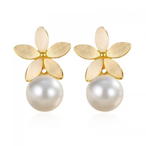 925 Sterling Silver Stud Earrings with Cats Eye & Plastic Pearl plated for woman Sold By Pair