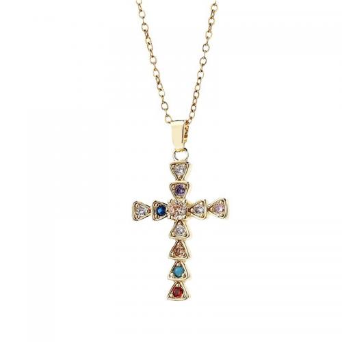 Cubic Zircon Micro Pave Brass Necklace with Titanium Steel with 5CM extender chain Cross real gold plated micro pave cubic zirconia & for woman Length Approx 40 cm Sold By PC