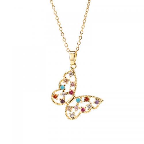 Cubic Zircon Micro Pave Brass Necklace with Titanium Steel with 5CM extender chain Butterfly real gold plated micro pave cubic zirconia & for woman Length Approx 40 cm Sold By PC