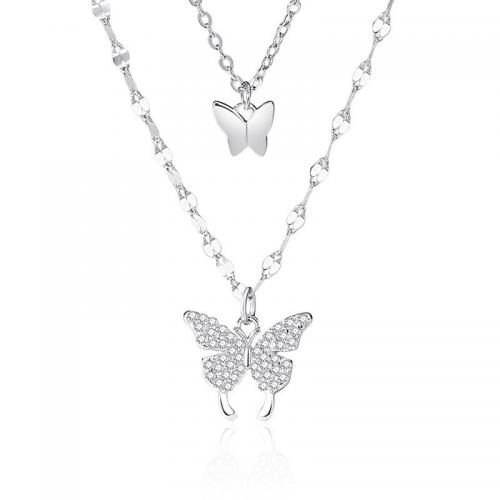 Cubic Zircon Micro Pave 925 Sterling Silver Necklace with 5CM extender chain Butterfly plated micro pave cubic zirconia & for woman platinum color Length Approx 40 cm Sold By PC