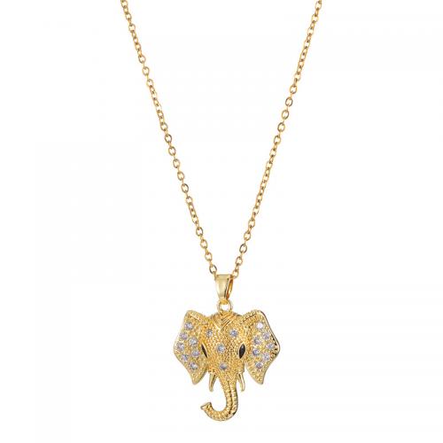 Cubic Zircon Micro Pave Brass Necklace, with Titanium Steel, with 5CM extender chain, Elephant, real gold plated, different styles for choice & micro pave cubic zirconia & for woman & enamel, golden, Length:Approx 40 cm, Sold By PC