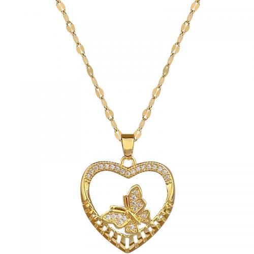 Titanium Steel Necklace, with Brass, with 2inch extender chain, Heart, gold color plated, for woman & with rhinestone & hollow, Length:Approx 15.7 Inch, Sold By PC