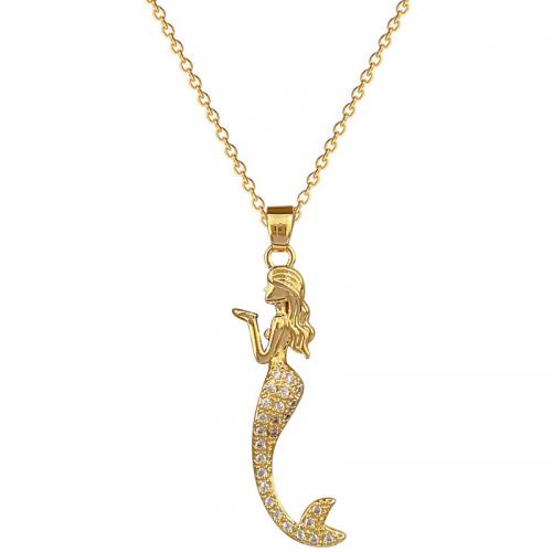 Titanstahl Halskette, mit Messing, mit Verlängerungskettchen von 2inch, Meerfrau, goldfarben plattiert, für Frau & mit Strass, Länge:ca. 15.7 ZollInch, verkauft von PC