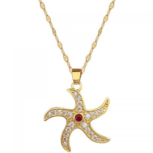 Titanium Steel Necklace, with Brass, with 2inch extender chain, Starfish, gold color plated, for woman & with rhinestone, Length:Approx 15.7 Inch, Sold By PC