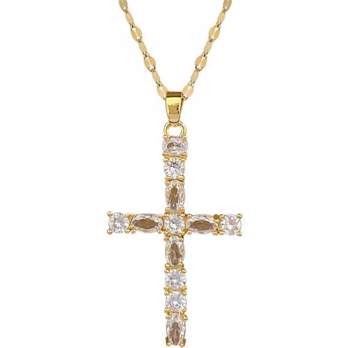 Titanium Steel Necklace with Brass with 2inch extender chain Cross gold color plated for woman & with rhinestone Length Approx 15.7 Inch Sold By PC