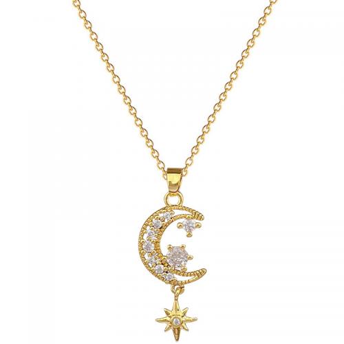 Titanium Steel Necklace with Brass with 2inch extender chain Moon and Star gold color plated for woman & with rhinestone & hollow Length Approx 15.7 Inch Sold By PC