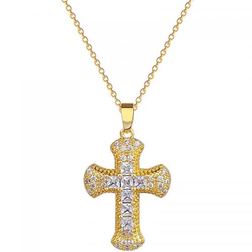 Titanium Steel Necklace with Brass with 2inch extender chain Cross gold color plated micro pave cubic zirconia & for woman Length Approx 15.7 Inch Sold By PC