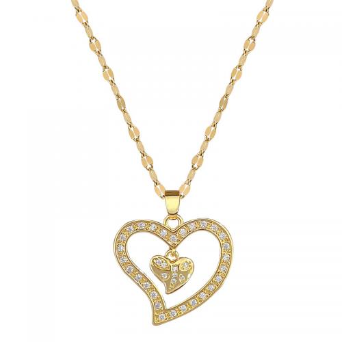 Titanium Steel Necklace, with Brass, with 2inch extender chain, Heart, gold color plated, micro pave cubic zirconia & for woman & hollow, Length:Approx 15.7 Inch, Sold By PC