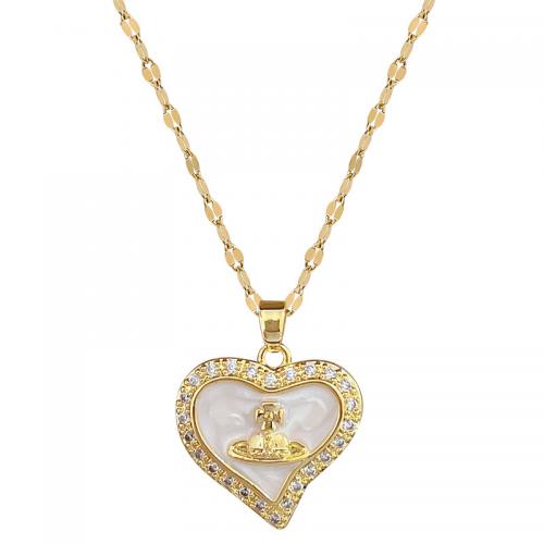 Titanium Steel Necklace, with Brass, with 2inch extender chain, Heart, gold color plated, micro pave cubic zirconia & for woman & enamel, Length:Approx 15.7 Inch, Sold By PC