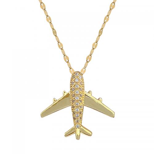 Titanium Steel Necklace, with Brass, with 2inch extender chain, Airplane, gold color plated, for woman & with rhinestone, Length:Approx 15.7 Inch, Sold By PC