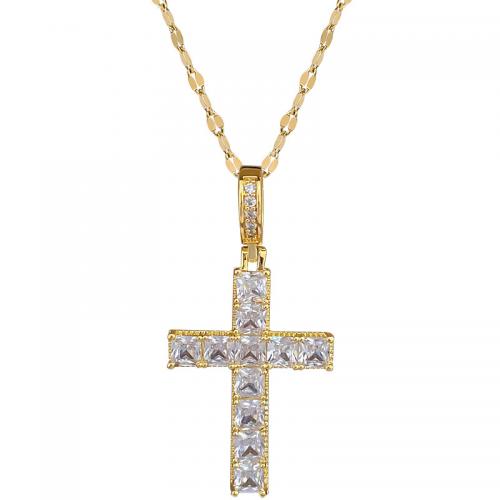 Titanium Steel Necklace with Brass with 2inch extender chain Cross gold color plated micro pave cubic zirconia & for woman Length Approx 15.7 Inch Sold By PC
