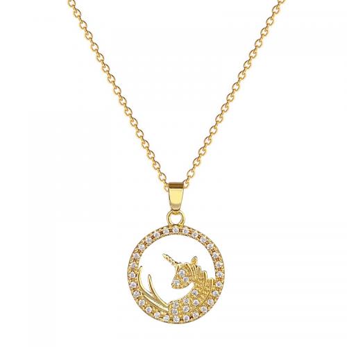 Titanium Steel Necklace, with Brass, with 2inch extender chain, Unicorn, gold color plated, micro pave cubic zirconia & for woman & hollow, Length:Approx 15.7 Inch, Sold By PC
