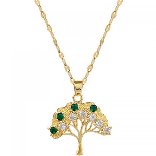 Titanium Steel Necklace with Brass with 2inch extender chain Tree gold color plated for woman & with rhinestone Length Approx 15.7 Inch Sold By PC