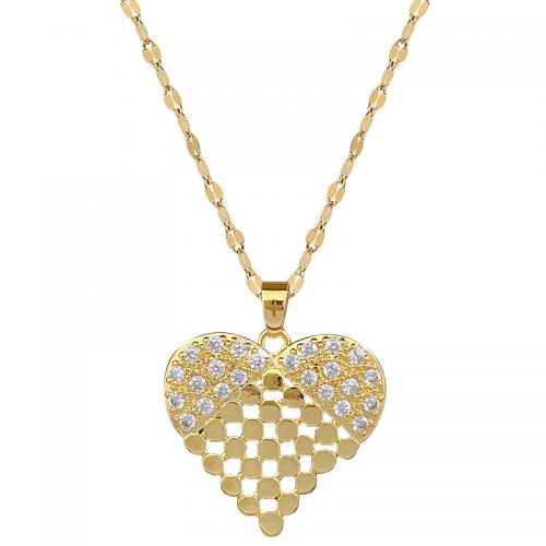 Titanium Steel Necklace, with Brass, with 2inch extender chain, Heart, gold color plated, for woman & with rhinestone & hollow, Length:Approx 15.7 Inch, Sold By PC