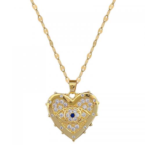 Titanium Steel Necklace, with Brass, with 2inch extender chain, Heart, gold color plated, evil eye pattern & for woman & with rhinestone, Length:Approx 15.7 Inch, Sold By PC