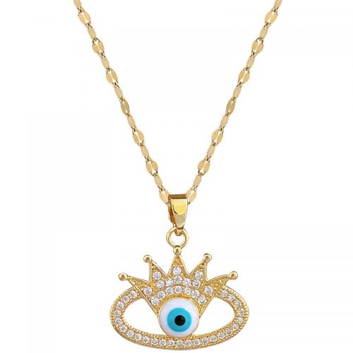 Titanium Steel Necklace, with Brass, with 2inch extender chain, Evil Eye, gold color plated, for woman & enamel & with rhinestone & hollow, Length:Approx 15.7 Inch, Sold By PC