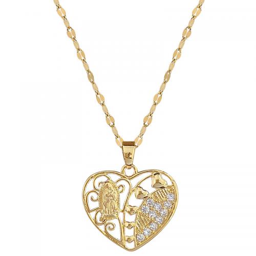 Titanium Steel Necklace with Brass with 2inch extender chain Heart gold color plated for woman & with rhinestone & hollow Length Approx 15.7 Inch Sold By PC