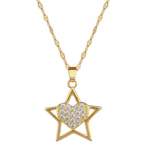 Titanium Steel Necklace, with Brass, with 2inch extender chain, Star, gold color plated, for woman & with rhinestone & hollow, Length:Approx 15.7 Inch, Sold By PC