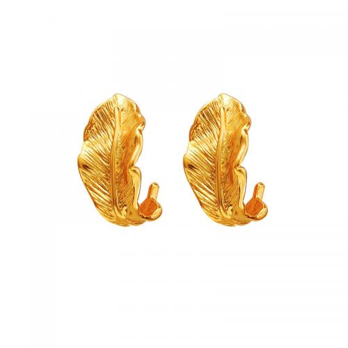 Latão Brinco, cobre, Forma de pena, banhado a ouro genuino, joias de moda & para mulher, dourado, níquel, chumbo e cádmio livre, 24x14mm, vendido por par