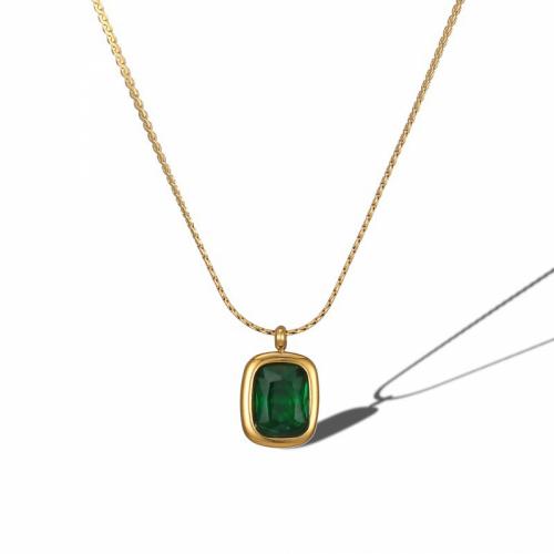 Titanium Steel Necklace with Crystal with 5cm extender chain Rectangle Vacuum Ion Plating fashion jewelry & for woman green nickel lead & cadmium free Length Approx 45 cm Sold By PC
