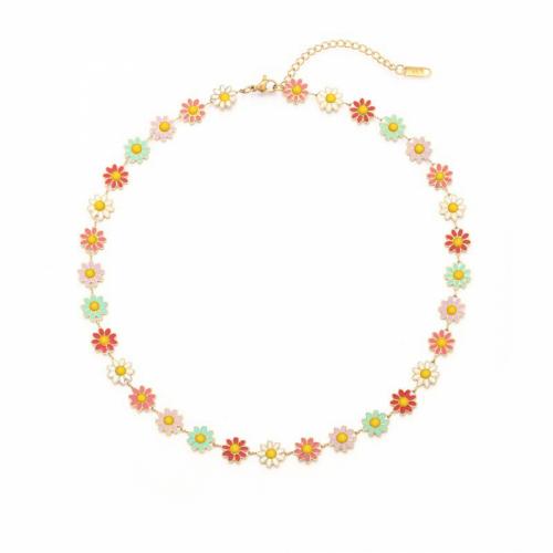 Titanium Steel Necklace, with 5cm extender chain, Daisy, Vacuum Ion Plating, fashion jewelry & for woman & enamel, mixed colors, nickel, lead & cadmium free, Length:Approx 40 cm, Sold By PC