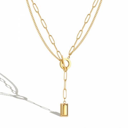 Titanstahl Halskette, Rechteck, Doppelschicht & Modeschmuck & für Frau, goldfarben, frei von Nickel, Blei & Kadmium, 7x12mm, Länge:ca. 48 cm, verkauft von PC