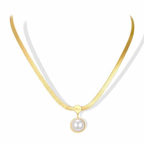 Titanium Steel Necklace, with Plastic Pearl, with 5cm extender chain, Dome, Vacuum Ion Plating, fashion jewelry & for woman, white, nickel, lead & cadmium free, 14x14mm, Length:Approx 40 cm, Sold By PC