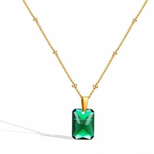 Titanium Steel Necklace, with Cubic Zirconia, with 5cm extender chain, Rectangle, Vacuum Ion Plating, fashion jewelry & for woman, green, nickel, lead & cadmium free, 11x15mm, Length:Approx 45 cm, Sold By PC