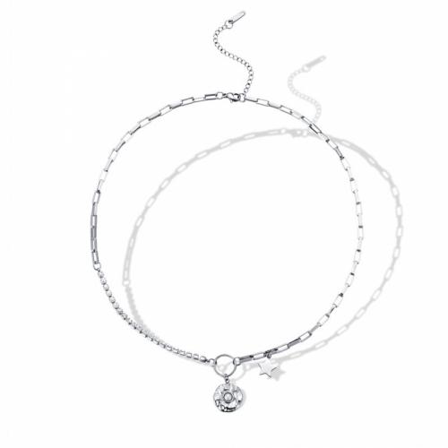 Titanium stål halskæde, med Plastic Pearl, med 5cm extender kæde, mode smykker & for kvinde & med rhinestone, oprindelige farve, nikkel, bly & cadmium fri, 10x10mm, Længde Ca. 42 cm, Solgt af PC