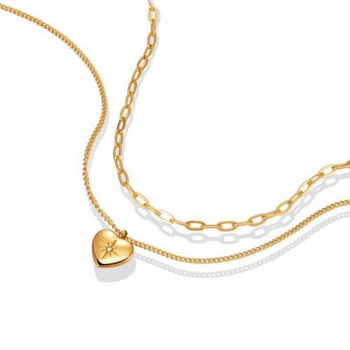 Titanstahl Halskette, Herz, Doppelschicht & Modeschmuck & für Frau, goldfarben, frei von Nickel, Blei & Kadmium, 14x14mm, Länge ca. 44 cm, ca. 50 cm, verkauft von PC