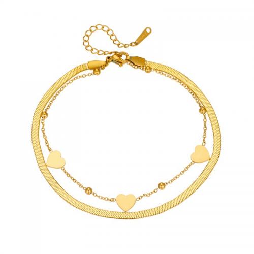 Mode Smycken Anklet, Titan Stål, med 5cm extender kedja, Hjärta, Dubbla lager & för kvinna, gyllene, Såld Per Ca 21 cm Strand