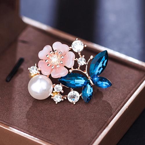 Zinc Alloy Brooches with Crystal & Plastic Pearl Butterfly fashion jewelry & for woman nickel lead & cadmium free Sold By PC