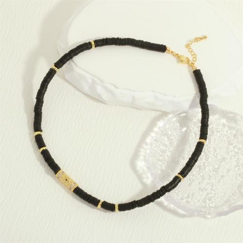 Cubic Zircon Micro Pave Brass Necklace with Seedbead & Polymer Clay gold color plated Double Layer & micro pave cubic zirconia & for woman & enamel black nickel lead & cadmium free Sold By PC