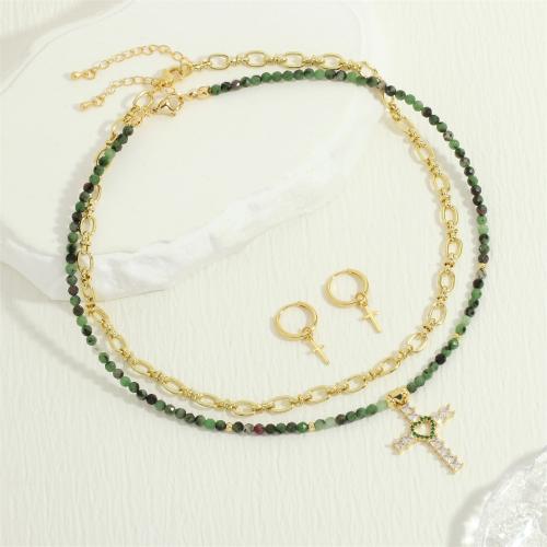 Brass Jewelry Set, with Gemstone Chips, Cross, gold color plated, different styles for choice & micro pave cubic zirconia & for woman, more colors for choice, nickel, lead & cadmium free, Sold By PC