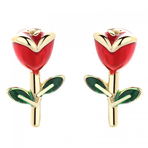 925 Sterling Silver Stud Earrings Rose plated for woman & epoxy gel golden Sold By Pair