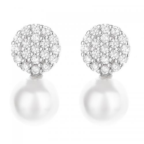 Cubic Zirconia Micro Pave Sterling Silver Earring 925 Sterling Silver with Plastic Pearl petals plated micro pave cubic zirconia & for woman Sold By Pair