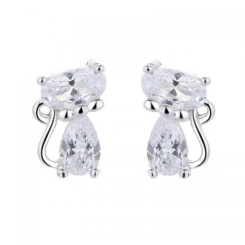 Cubic Zirconia Micro Pave Sterling Silver Earring 925 Sterling Silver Cat plated micro pave cubic zirconia & for woman platinum color Sold By Pair