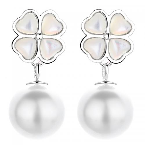 925 Sterling Silver Stud Earrings, with Cats Eye & Plastic Pearl, plated, for woman, more colors for choice, 23.30x10mm, Sold By Pair