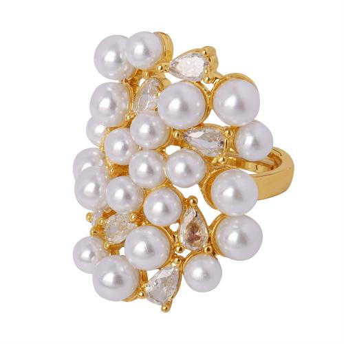 Cubique anneau en laiton Circonia Micro Pave, avec perle de plastique, Placage, pavé de micro zircon & pour femme, plus de couleurs à choisir, Taille:7, Vendu par PC