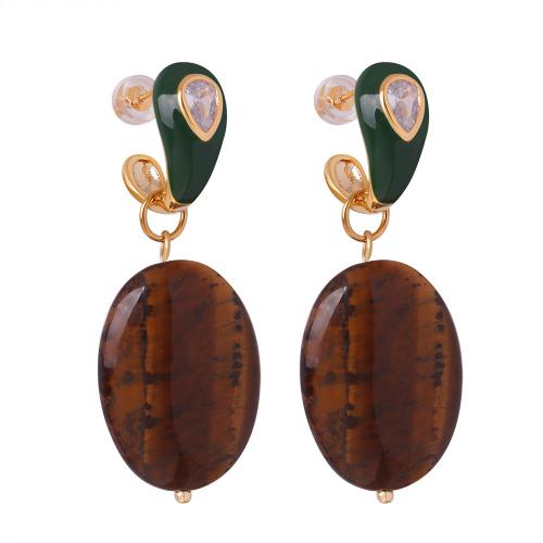 Cubic Zirconia Micro Pave Brass Earring with Tiger Eye plated & micro pave cubic zirconia & for woman & enamel Sold By Pair