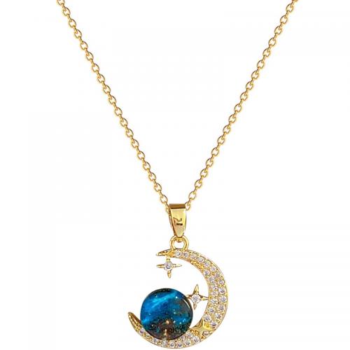 Titanium Steel Necklace, with Resin & Brass, with 2inch extender chain, Moon, gold color plated, micro pave cubic zirconia & for woman, Length:Approx 15.7 Inch, Sold By PC
