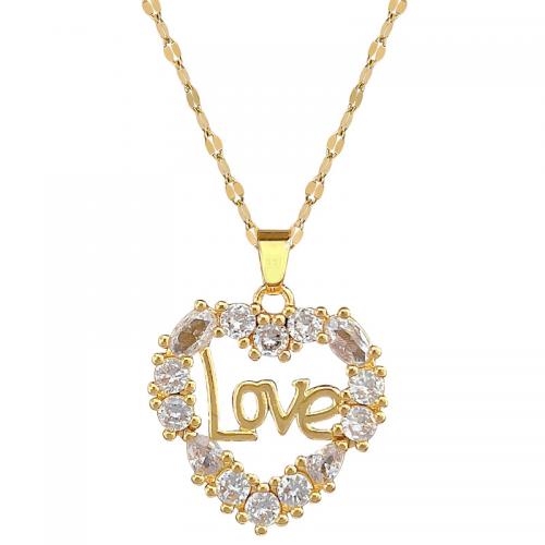 Titanium Steel Necklace with Brass with 2inch extender chain Heart gold color plated with letter pattern & for woman & with rhinestone & hollow Length Approx 15.7 Inch Sold By PC