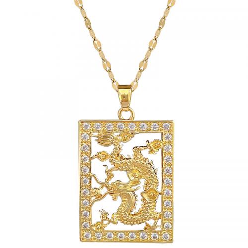 Titanium Steel Necklace with Brass with 2inch extender chain Dragon gold color plated for woman & with rhinestone & hollow Length Approx 15.7 Inch Sold By PC